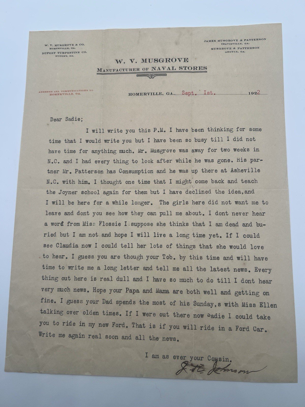 1922 W.V. Musgrove Naval Stores Homerville GA Signed Ford Letter # 1139
