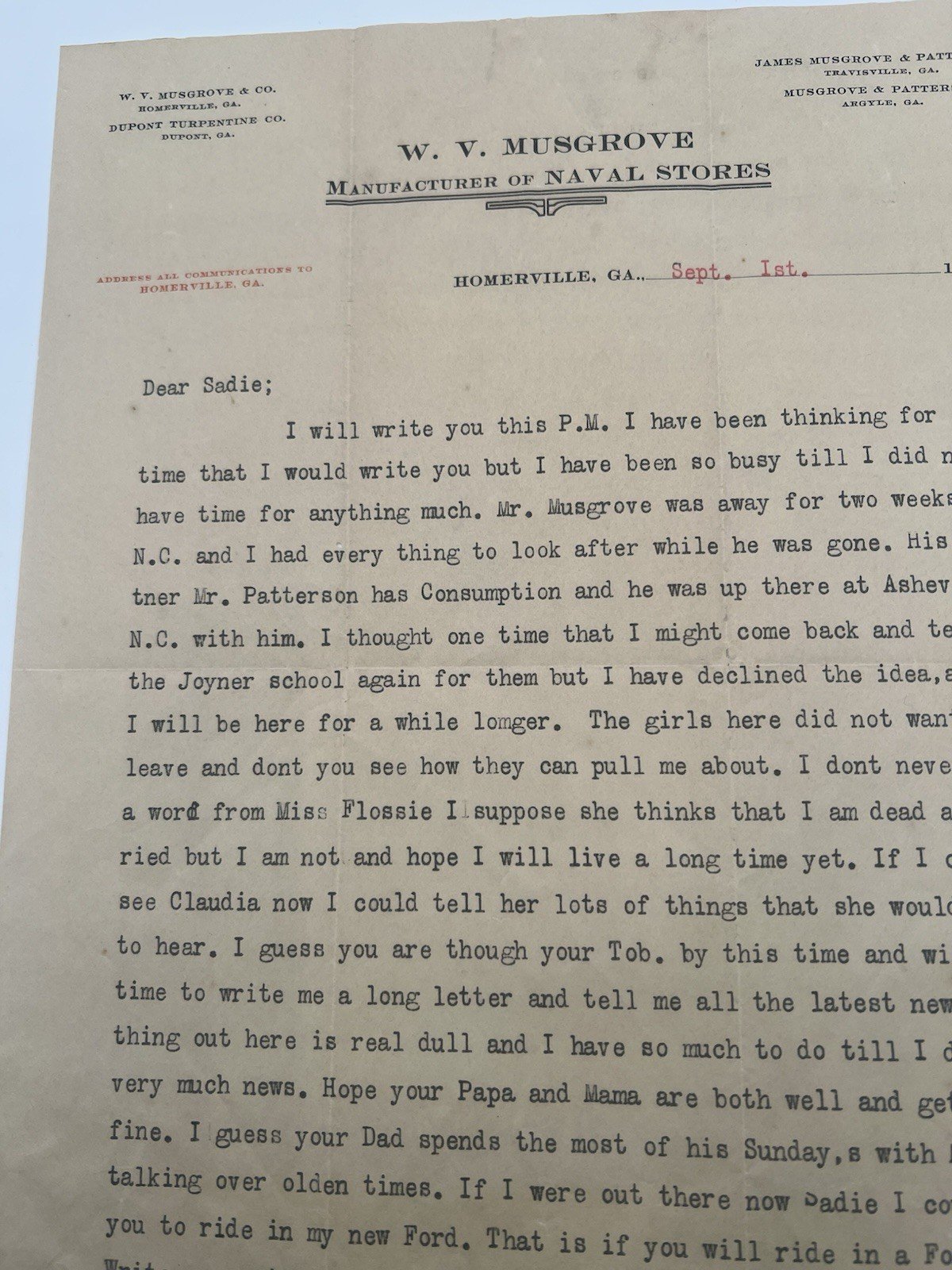 1922 W.V. Musgrove Naval Stores Homerville GA Signed Ford Letter # 1139 photo 2