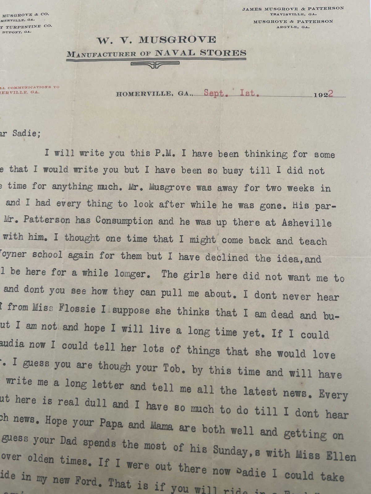 1922 W.V. Musgrove Naval Stores Homerville GA Signed Ford Letter # 1139 photo 3