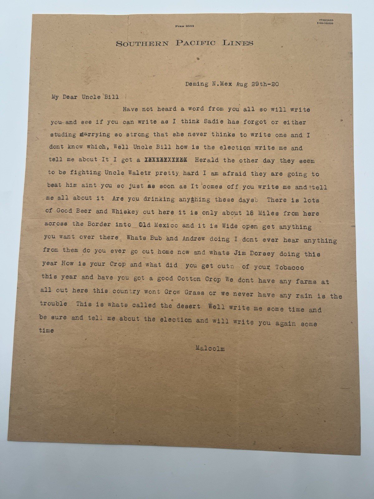 1920 Southern Pacific Lines Letter Deming NM Prohibition Mexico Border # 1140