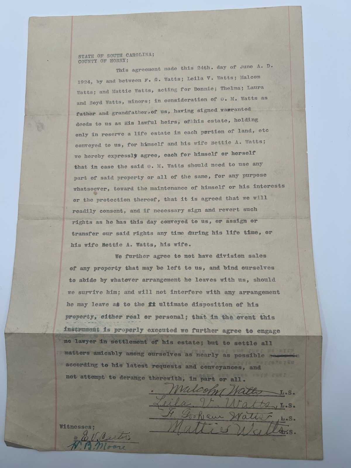 1924 Horry County SC Watts Family Estate Agreement Signed Malcolm Watts # 1141