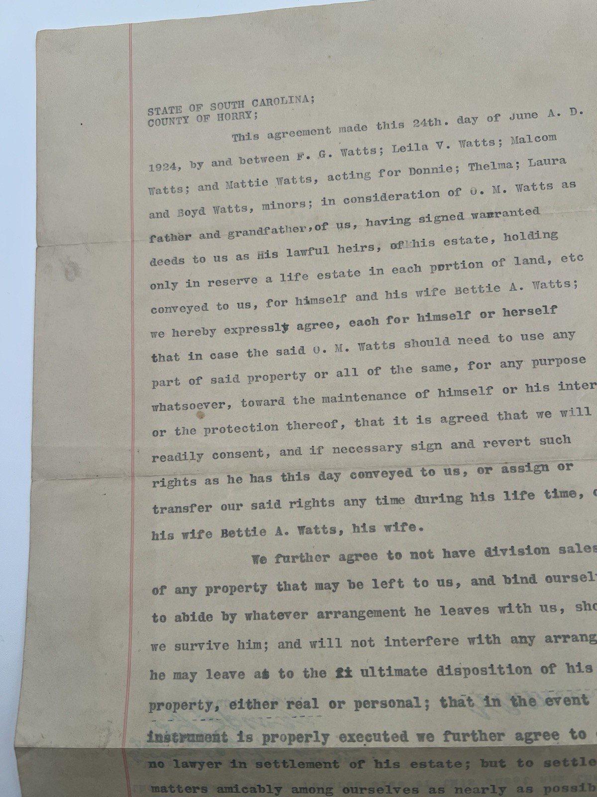 1924 Horry County SC Watts Family Estate Agreement Signed Malcolm Watts # 1141 photo 2