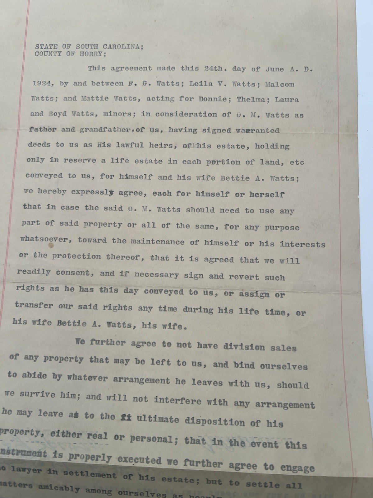 1924 Horry County SC Watts Family Estate Agreement Signed Malcolm Watts # 1141 photo 3
