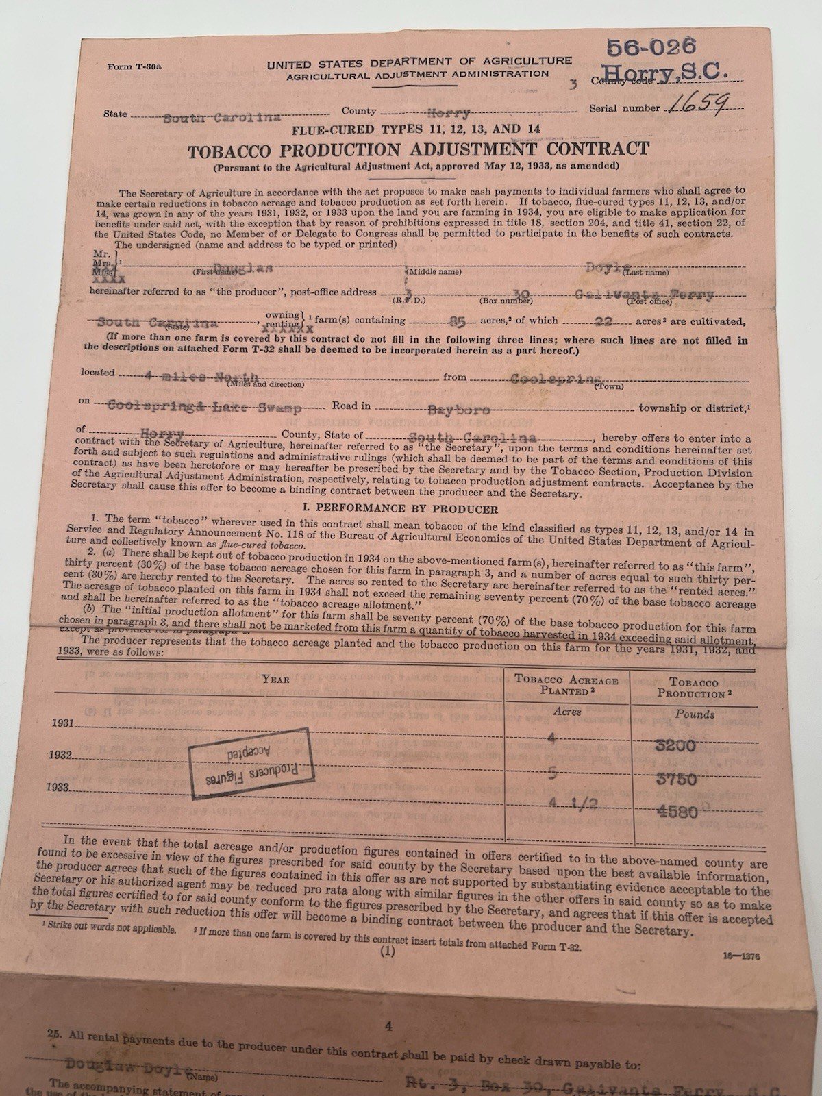 1933 USDA New Deal Tobacco Contract Douglas Doyle Horry County SC # 1142