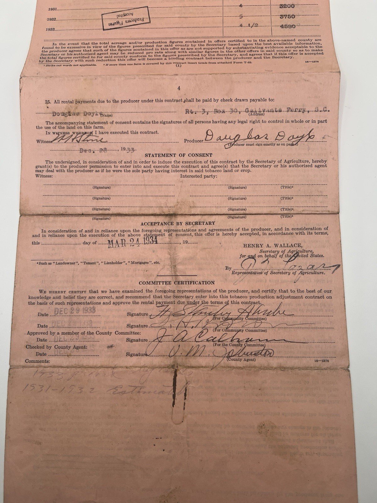 1933 USDA New Deal Tobacco Contract Douglas Doyle Horry County SC # 1142 photo 2
