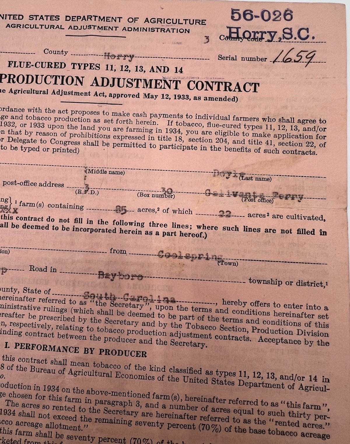 1933 USDA New Deal Tobacco Contract Douglas Doyle Horry County SC # 1142 photo 5