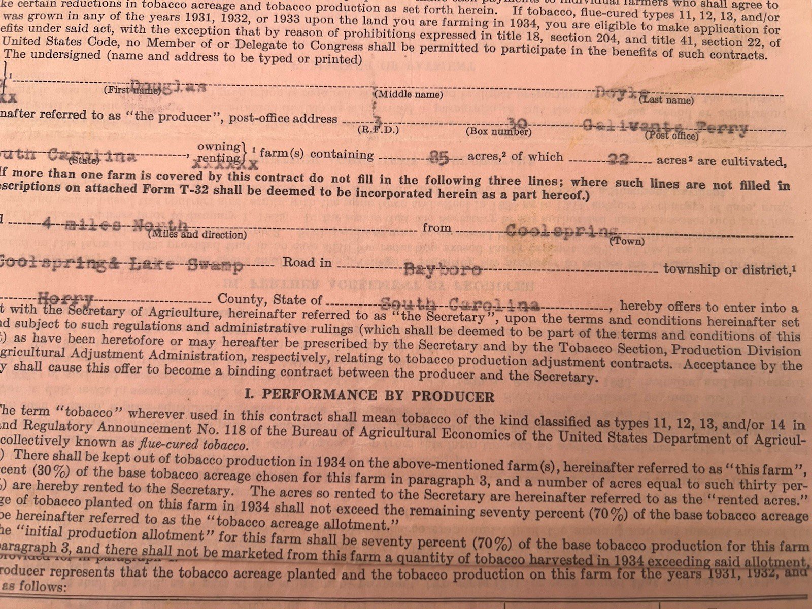 1933 USDA New Deal Tobacco Contract Douglas Doyle Horry County SC # 1142 photo 6
