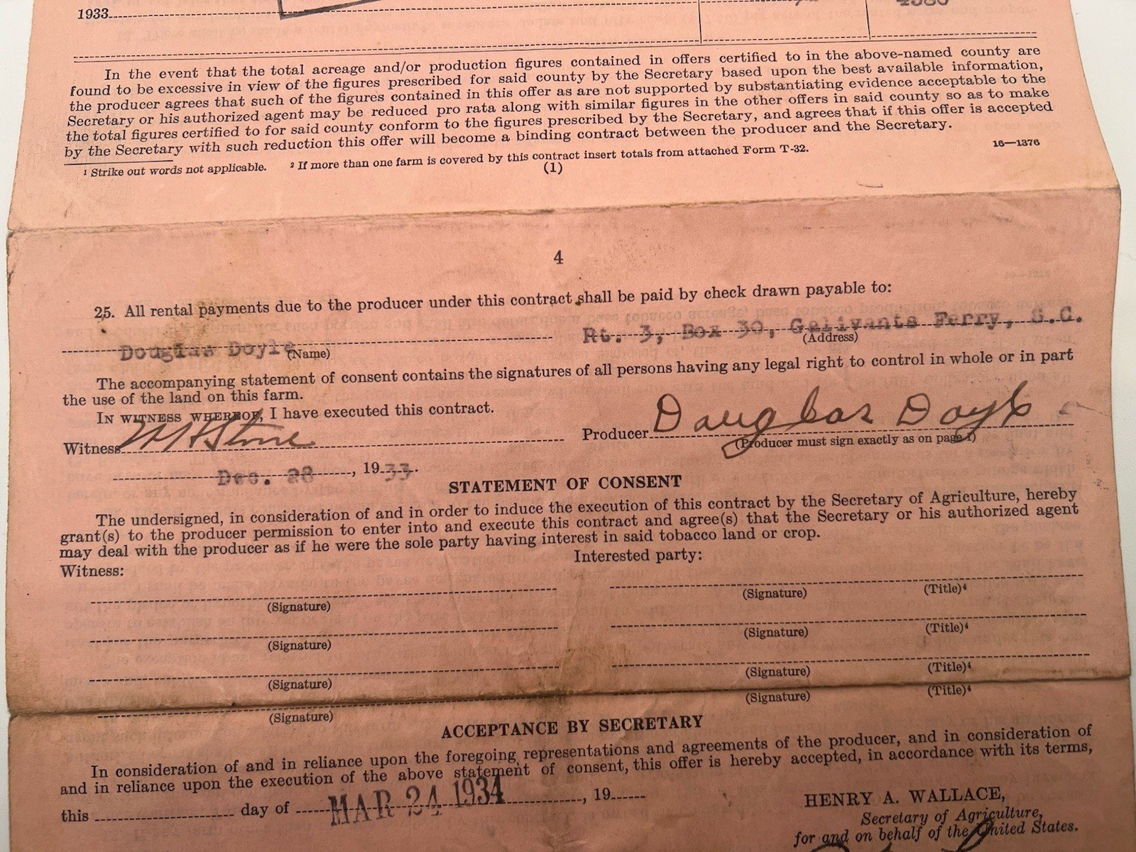 1933 USDA New Deal Tobacco Contract Douglas Doyle Horry County SC # 1142 photo 7