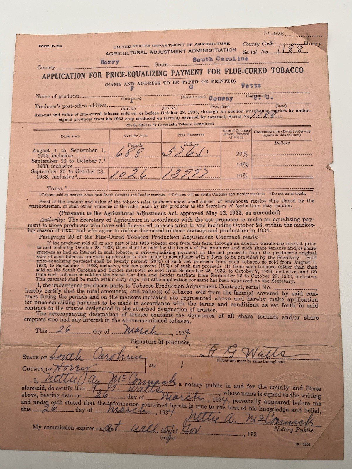 1934 New Deal Tobacco Payment F.G. Watts Horry County South Carolina # 1143