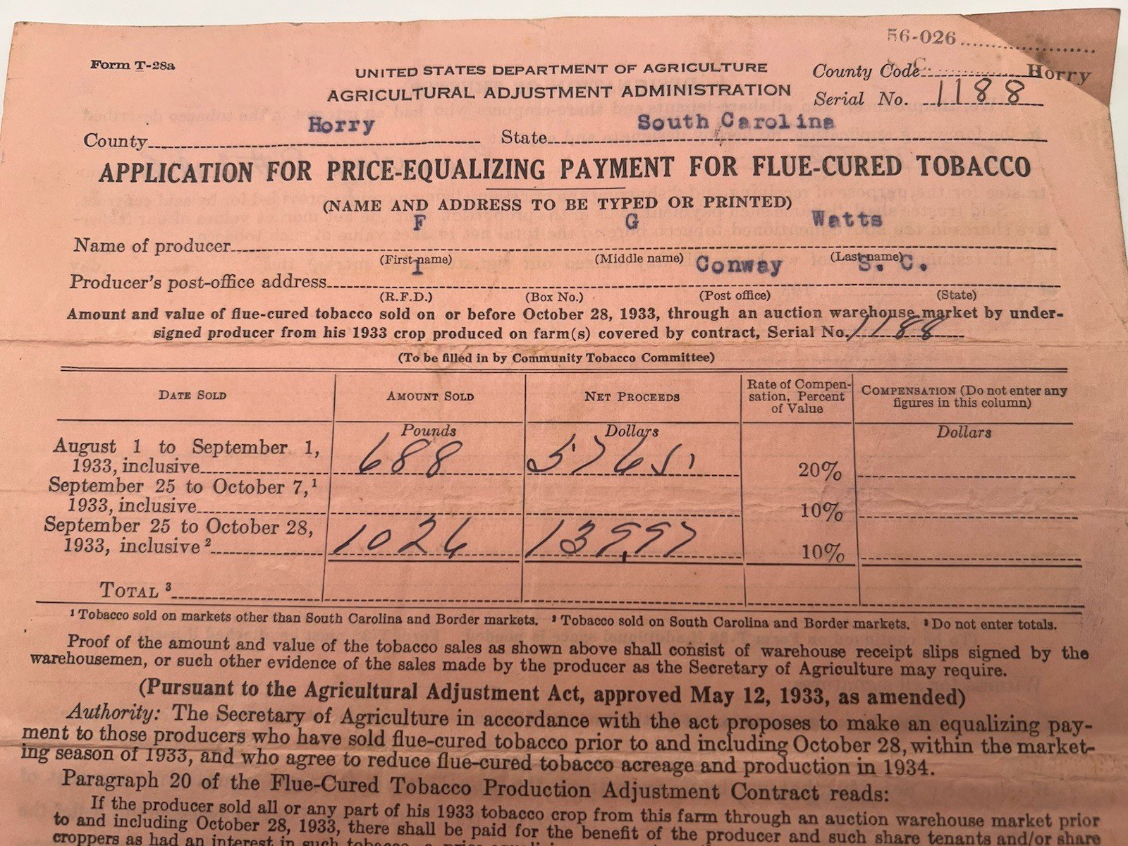 1934 New Deal Tobacco Payment F.G. Watts Horry County South Carolina # 1143 photo 2