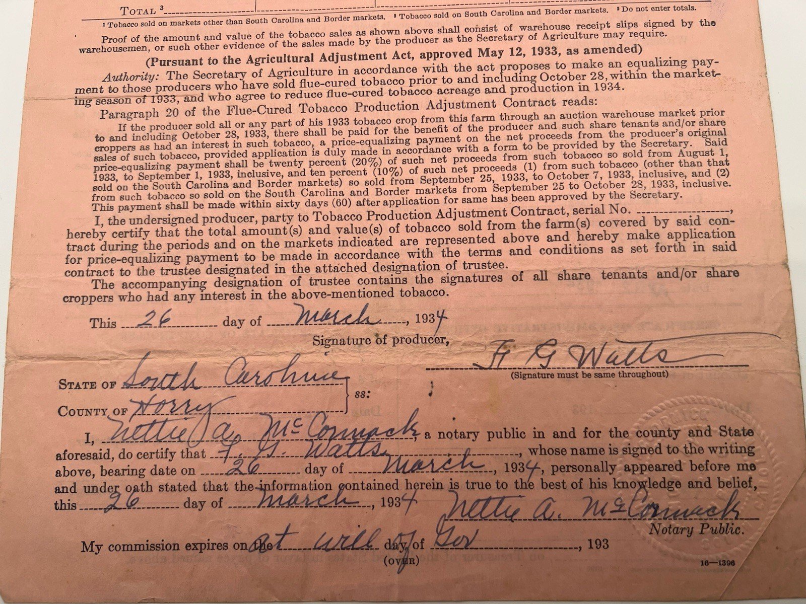 1934 New Deal Tobacco Payment F.G. Watts Horry County South Carolina # 1143 photo 3