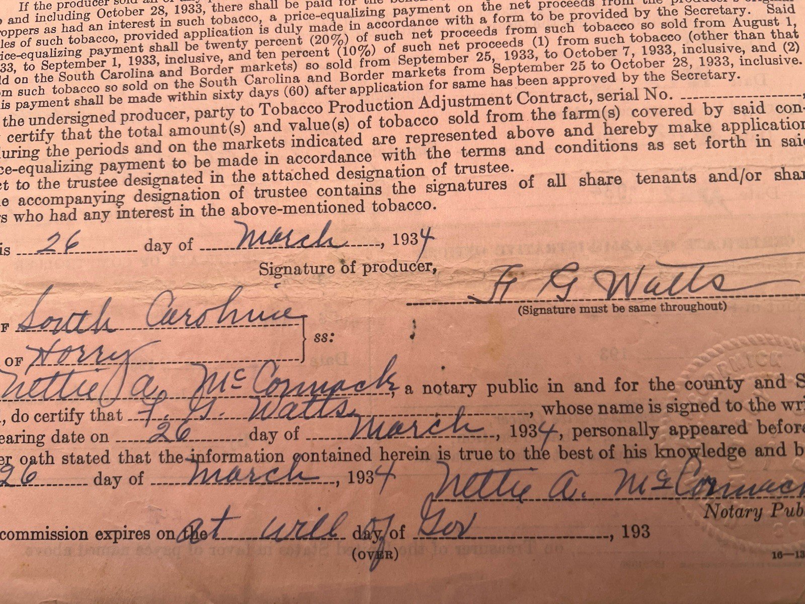1934 New Deal Tobacco Payment F.G. Watts Horry County South Carolina # 1143 photo 4