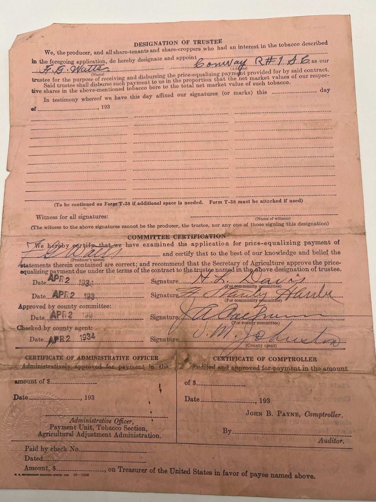 1934 New Deal Tobacco Payment F.G. Watts Horry County South Carolina # 1143 photo 6