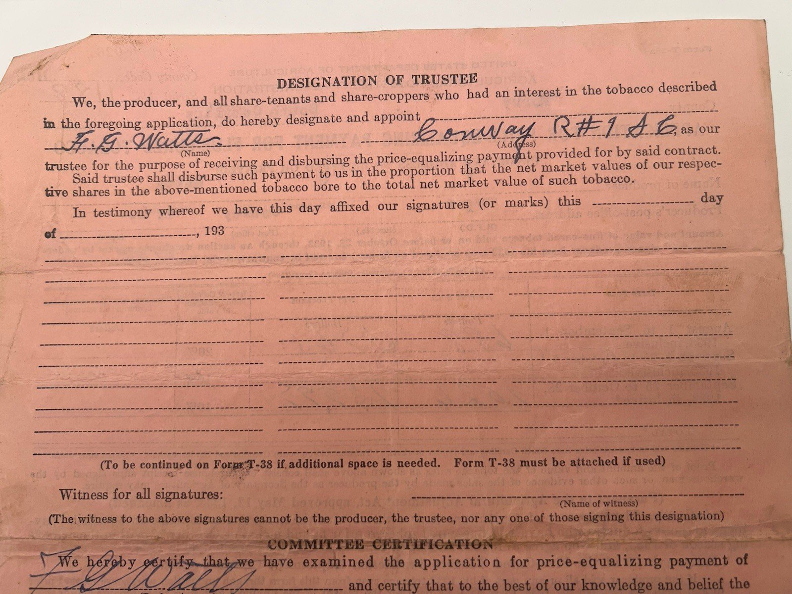 1934 New Deal Tobacco Payment F.G. Watts Horry County South Carolina # 1143 photo 7