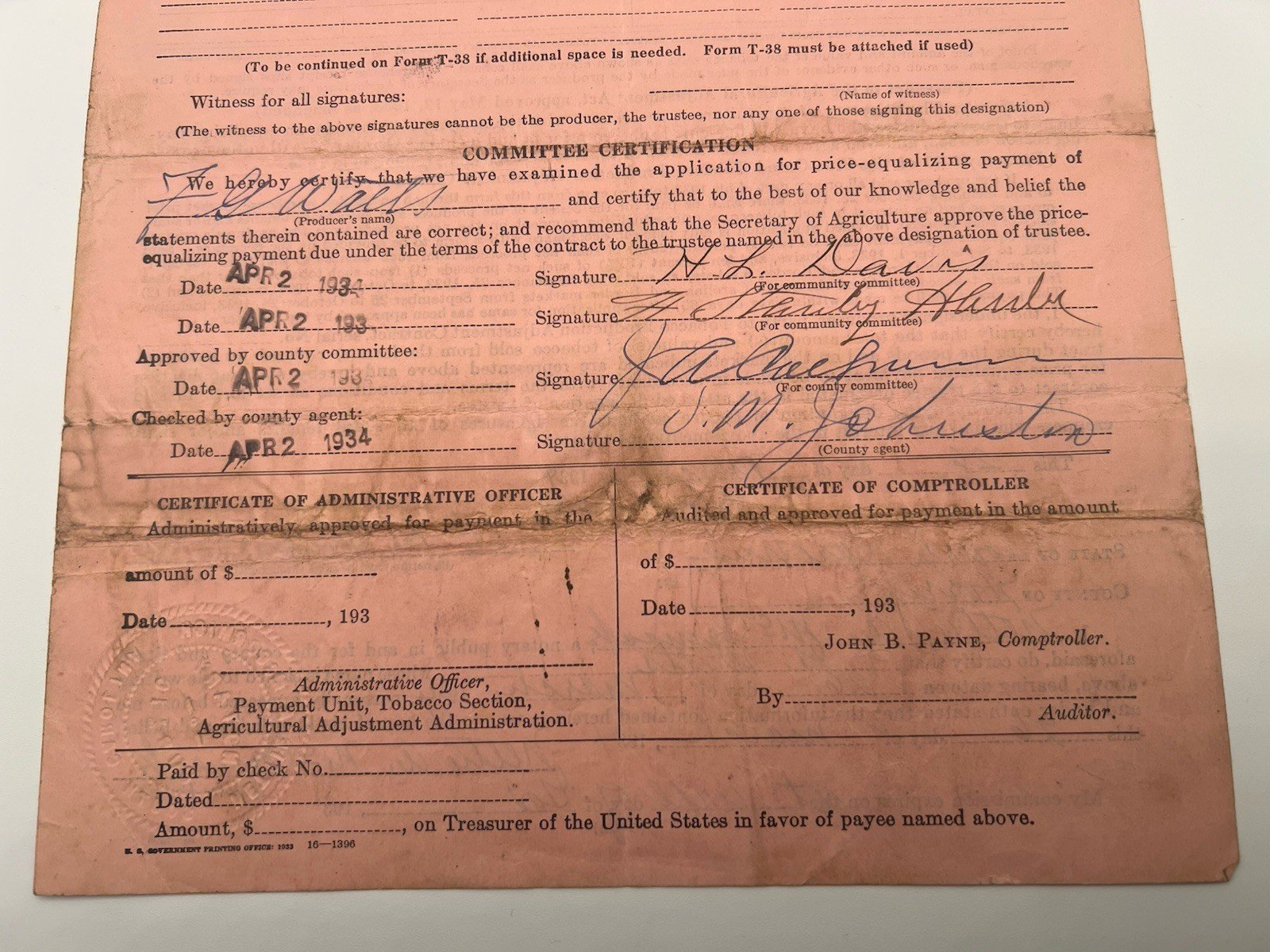 1934 New Deal Tobacco Payment F.G. Watts Horry County South Carolina # 1143 photo 8