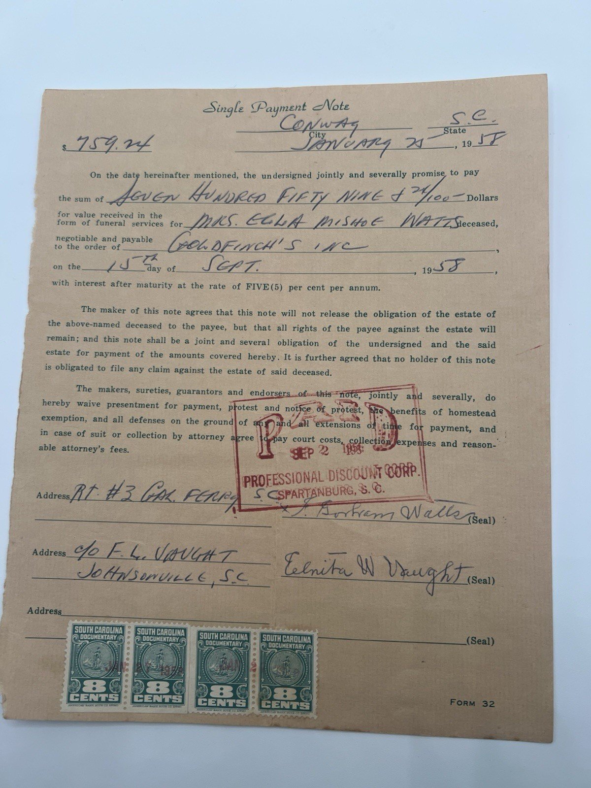 1958 Goldfinch Funeral Home Note w/ South Carolina Revenue Stamps # 1145