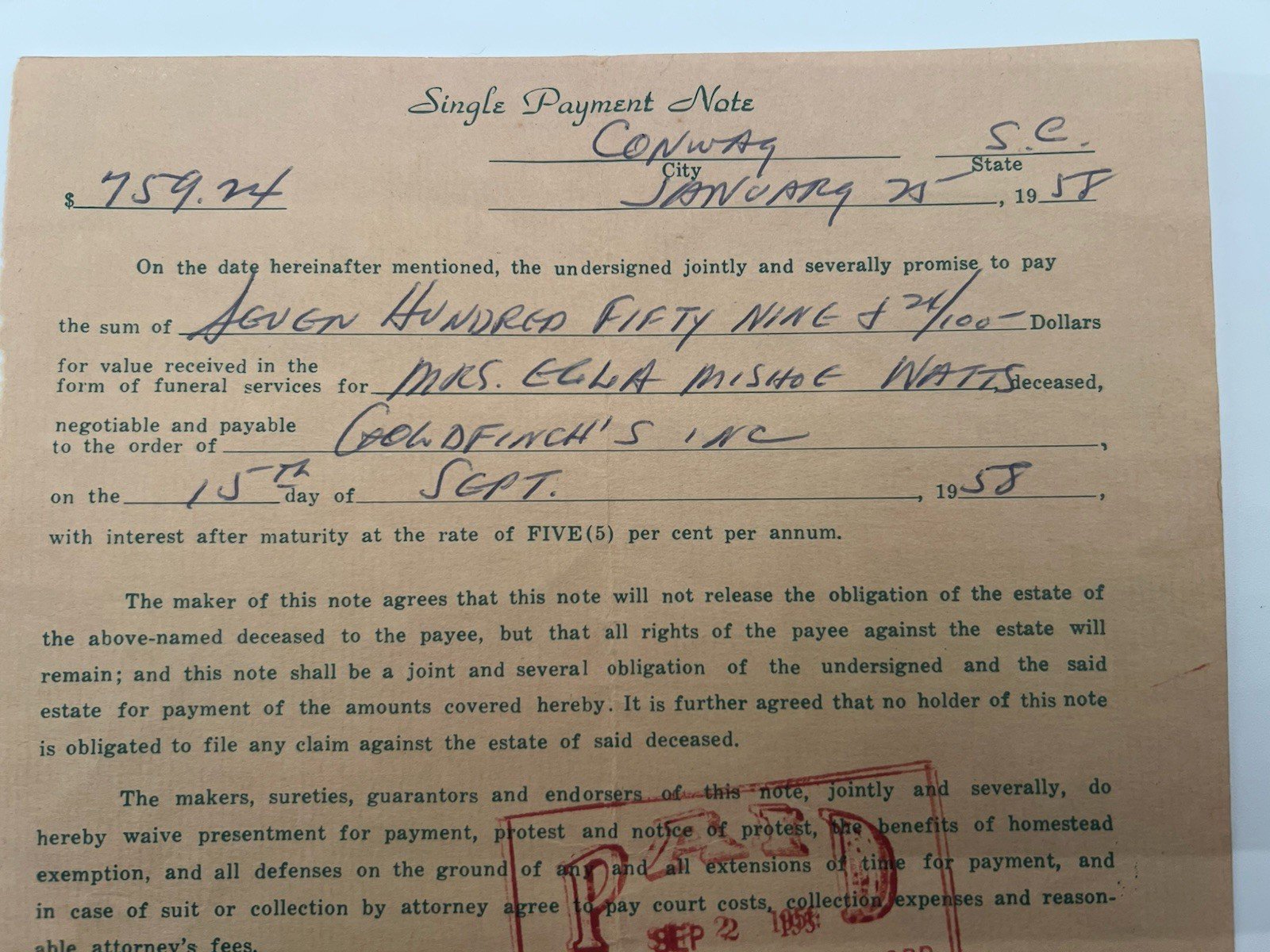 1958 Goldfinch Funeral Home Note w/ South Carolina Revenue Stamps # 1145 photo 2