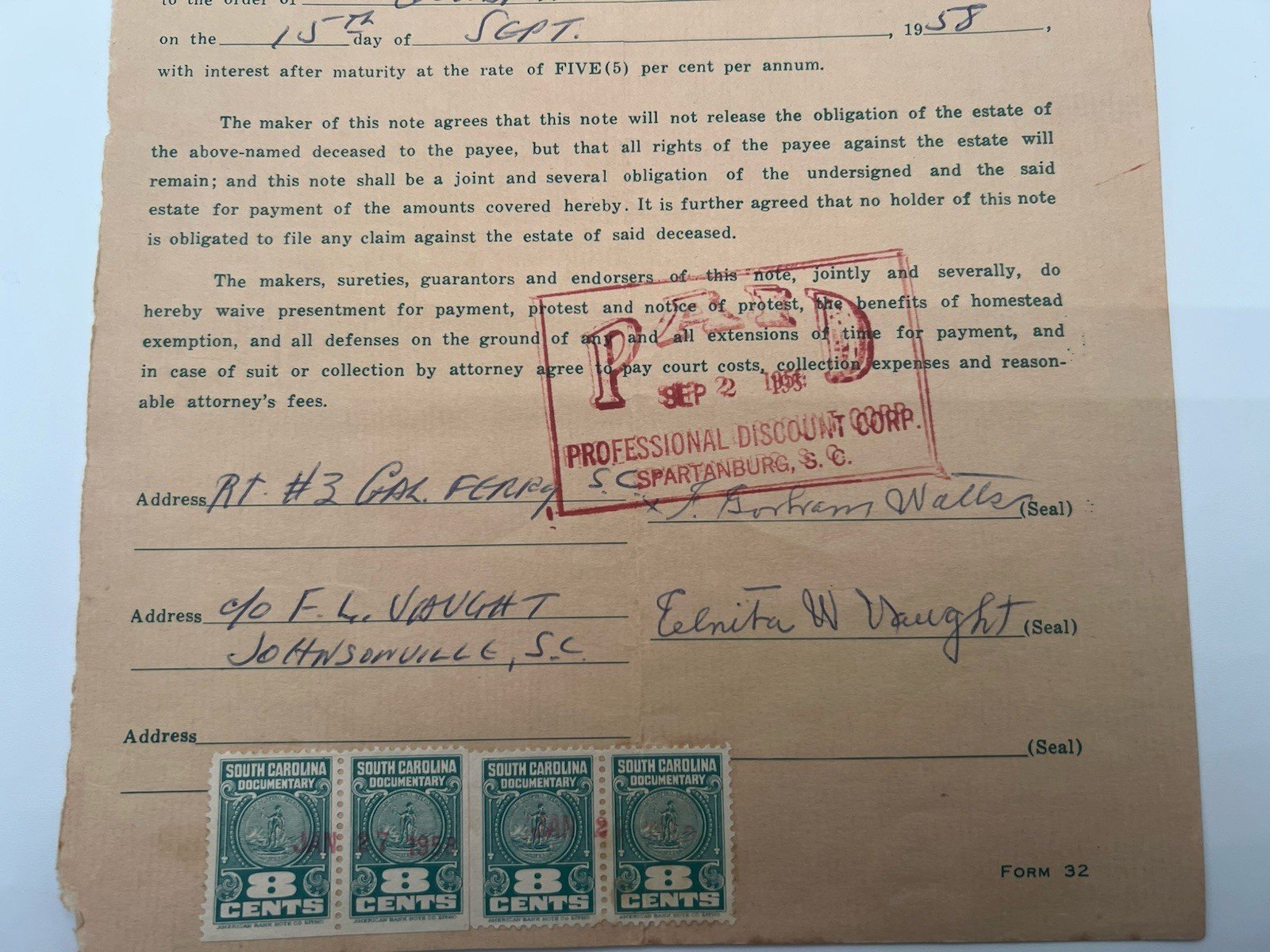 1958 Goldfinch Funeral Home Note w/ South Carolina Revenue Stamps # 1145 photo 3