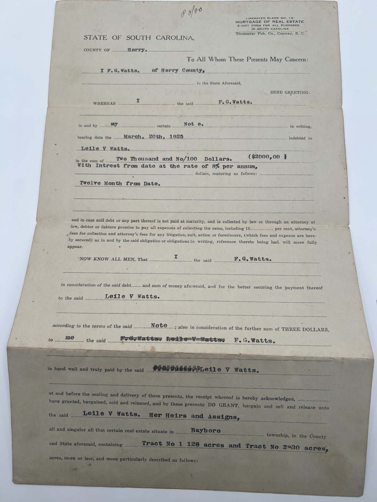 Original 1925 Horry County SC Mortgage F.G. Watts 158 Acres Paid Cancelled #1146