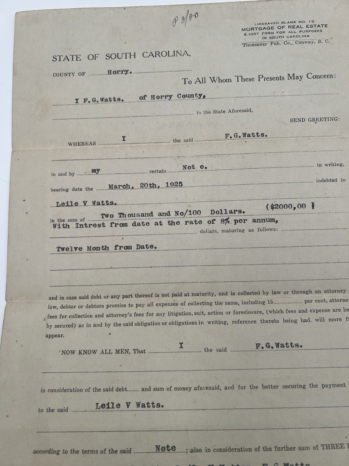 Original 1925 Horry County SC Mortgage F.G. Watts 158 Acres Paid Cancelled #1146 photo 2
