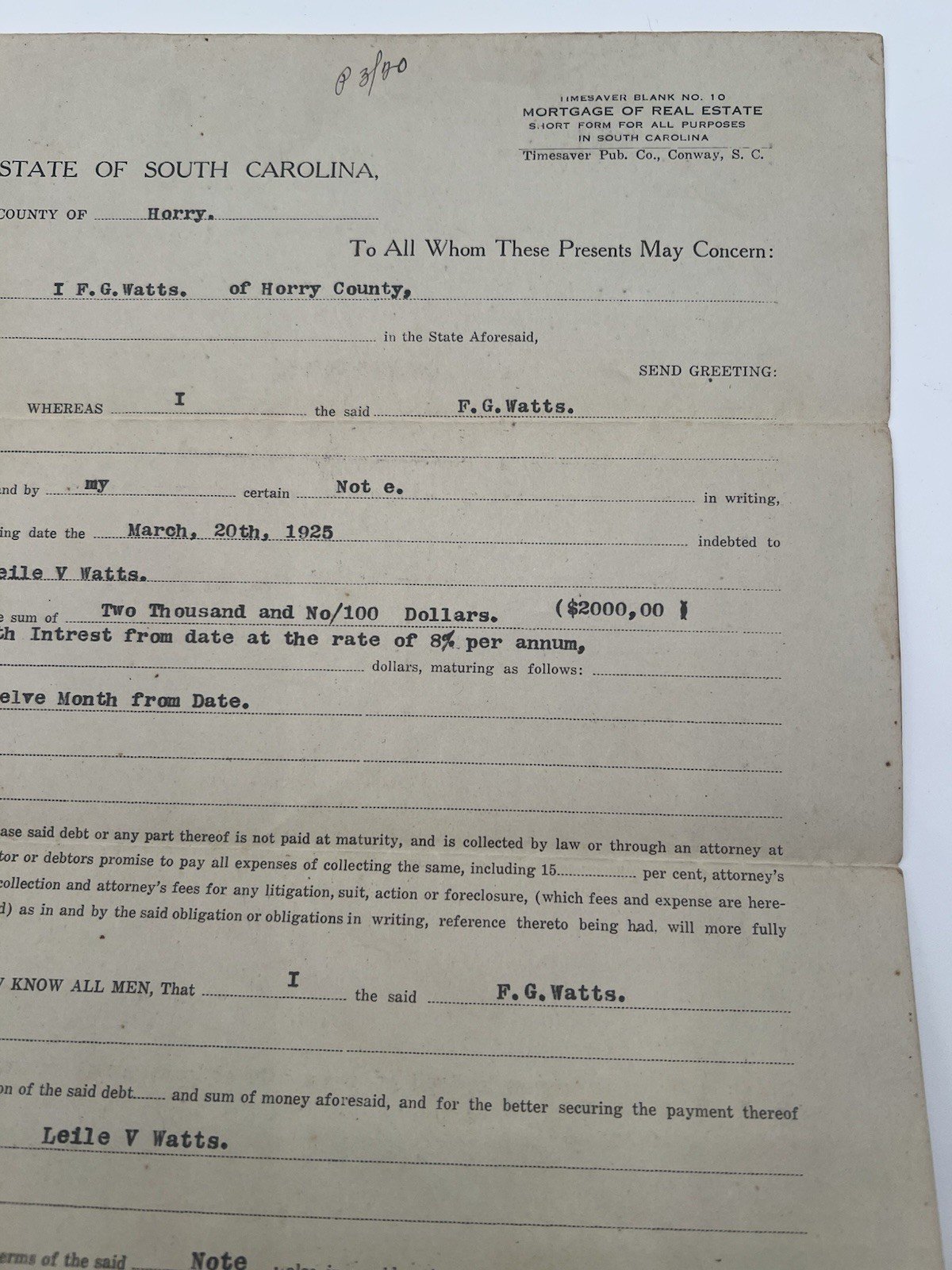Original 1925 Horry County SC Mortgage F.G. Watts 158 Acres Paid Cancelled #1146 photo 3