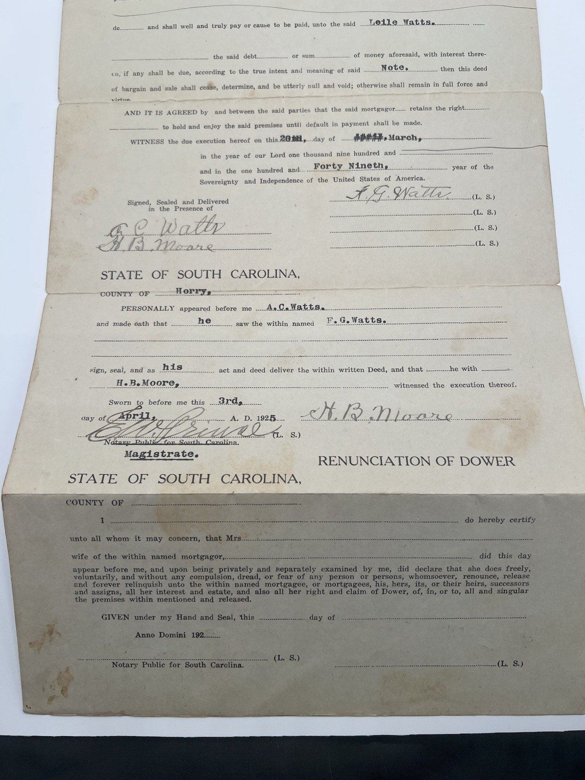 Original 1925 Horry County SC Mortgage F.G. Watts 158 Acres Paid Cancelled #1146 photo 7