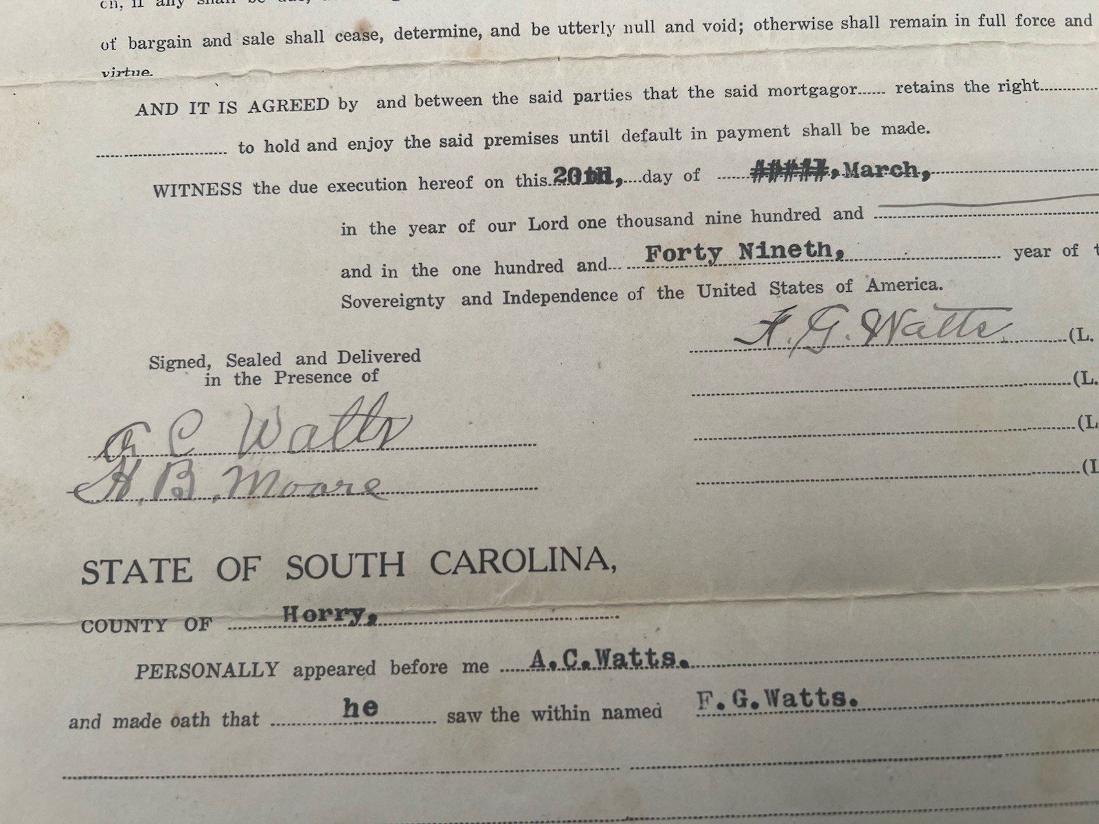 Original 1925 Horry County SC Mortgage F.G. Watts 158 Acres Paid Cancelled #1146 photo 8