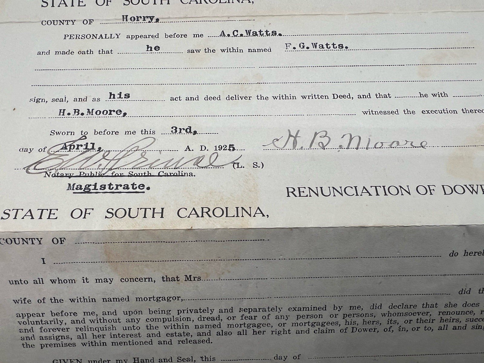 Original 1925 Horry County SC Mortgage F.G. Watts 158 Acres Paid Cancelled #1146 photo 9