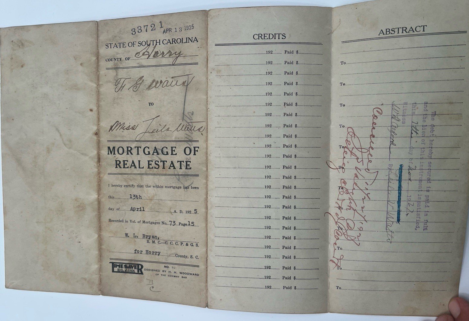 Original 1925 Horry County SC Mortgage F.G. Watts 158 Acres Paid Cancelled #1146 photo 10