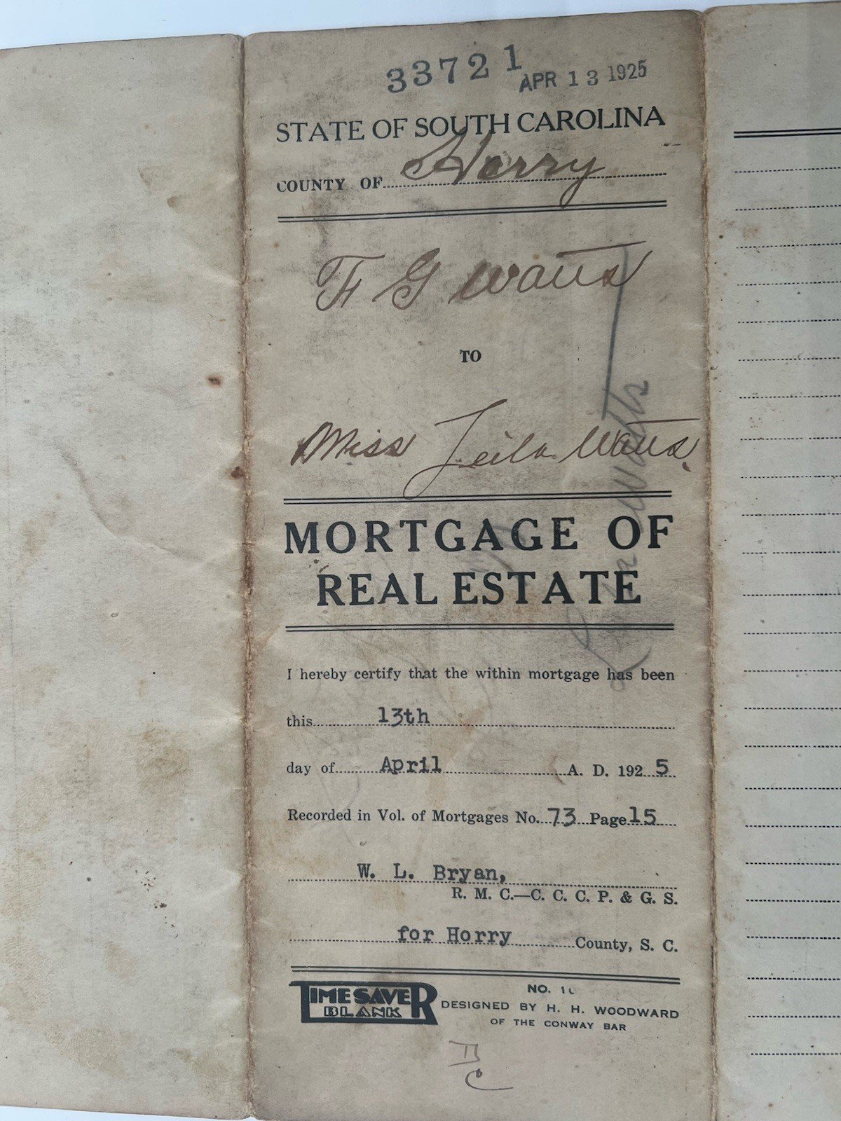 Original 1925 Horry County SC Mortgage F.G. Watts 158 Acres Paid Cancelled #1146 photo 11