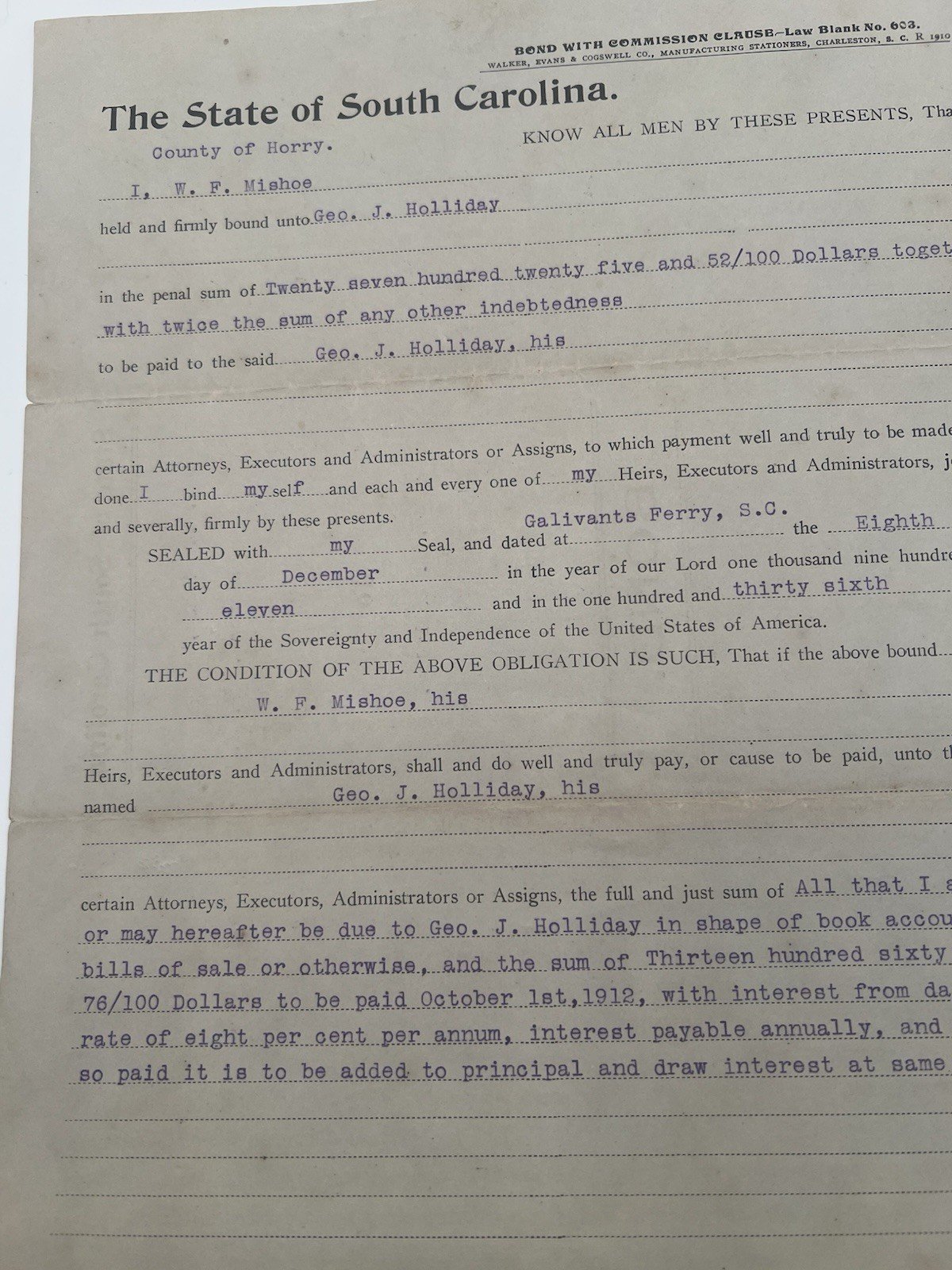 1911 Horry County SC $1,362 Debt Bond W.F. Mishoe Geo. J. Holliday # 1147 photo 2