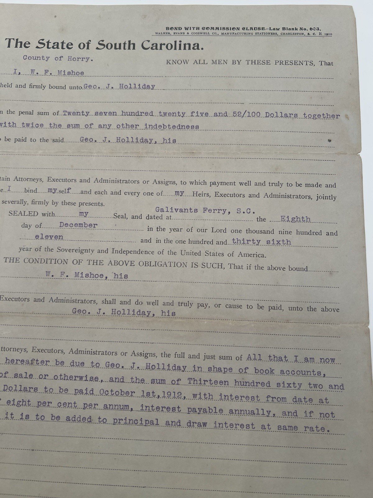 1911 Horry County SC $1,362 Debt Bond W.F. Mishoe Geo. J. Holliday # 1147 photo 3