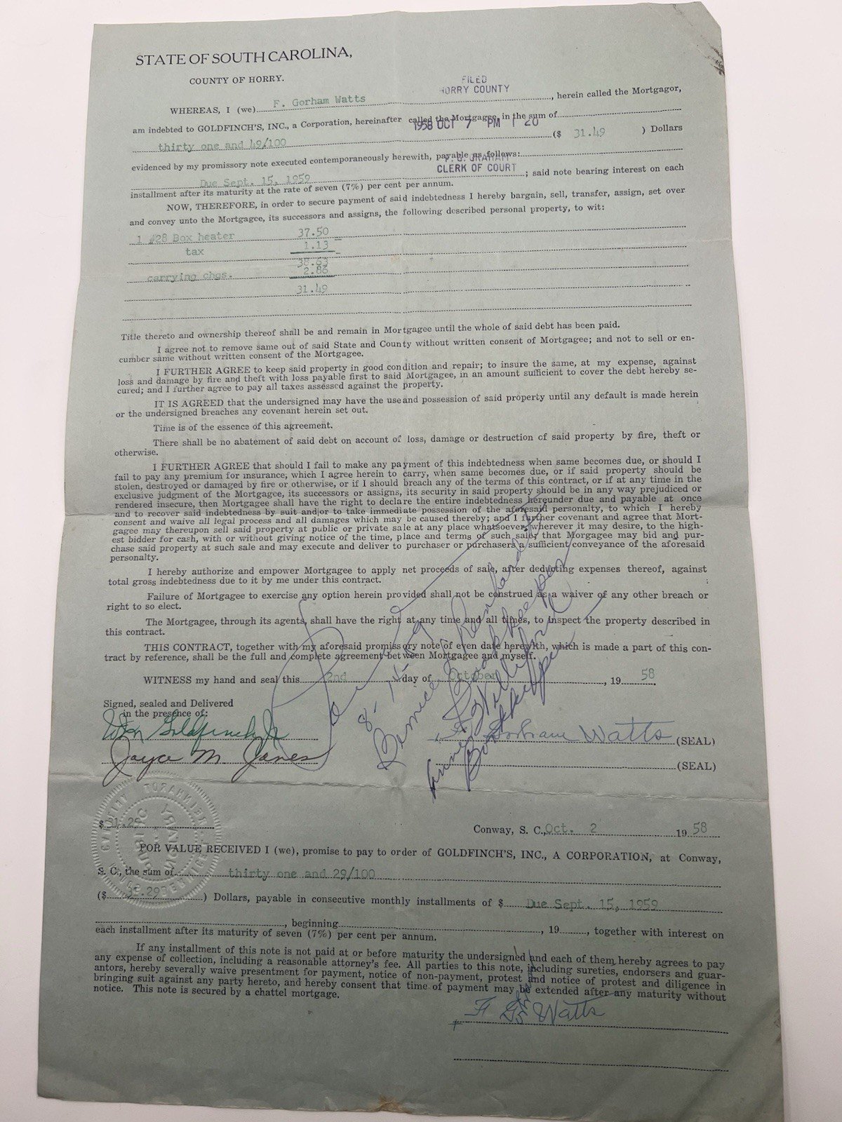 1958 Horry County SC Furniture Lease Box Heater Goldfinch Watts Paid # 1148