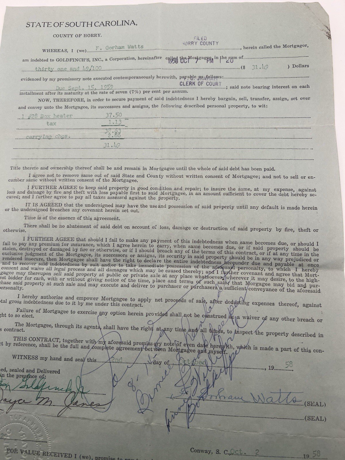 1958 Horry County SC Furniture Lease Box Heater Goldfinch Watts Paid # 1148 photo 2