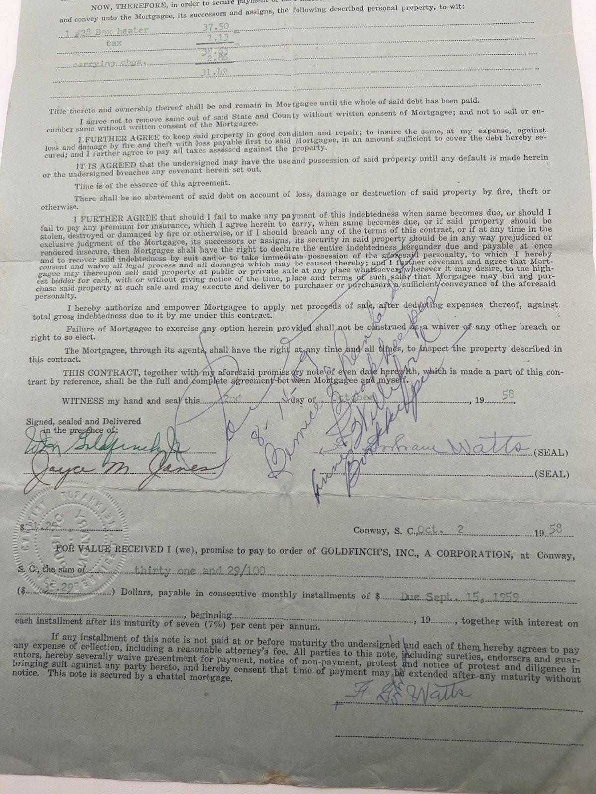 1958 Horry County SC Furniture Lease Box Heater Goldfinch Watts Paid # 1148 photo 3