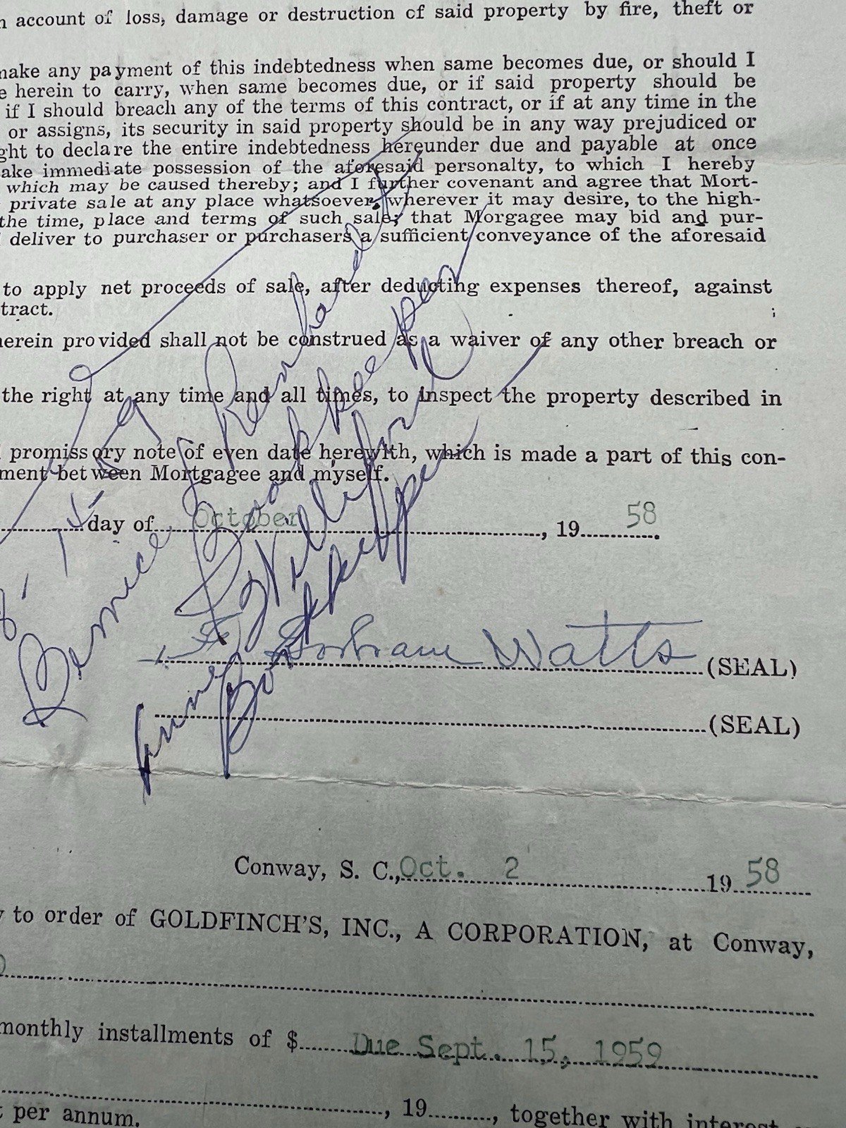 1958 Horry County SC Furniture Lease Box Heater Goldfinch Watts Paid # 1148 photo 6