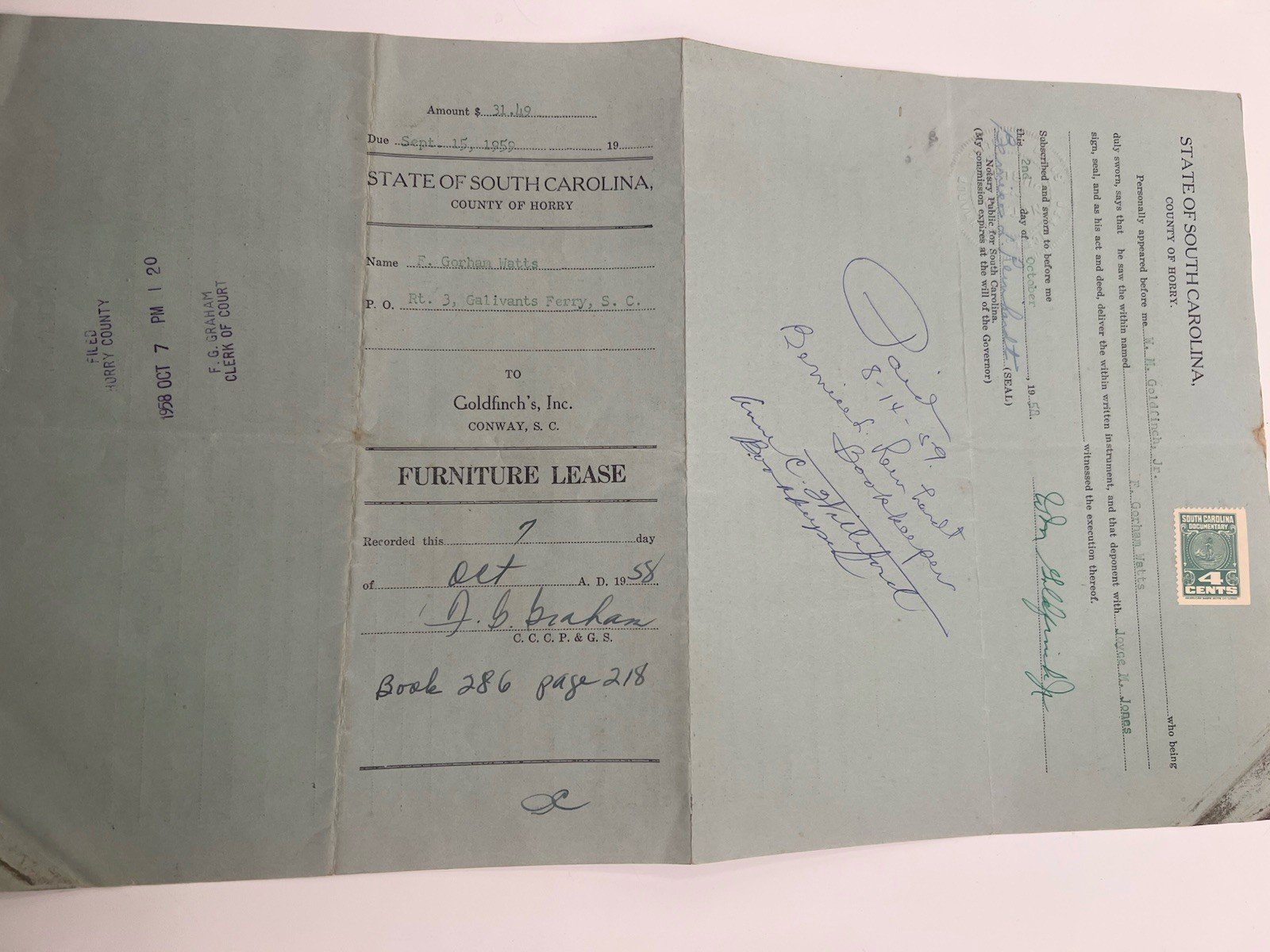 1958 Horry County SC Furniture Lease Box Heater Goldfinch Watts Paid # 1148 photo 8