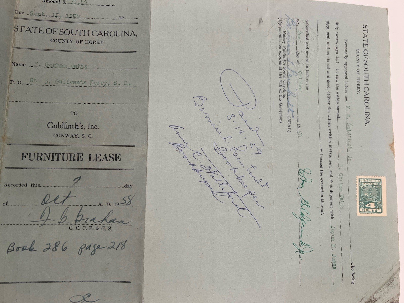 1958 Horry County SC Furniture Lease Box Heater Goldfinch Watts Paid # 1148 photo 9