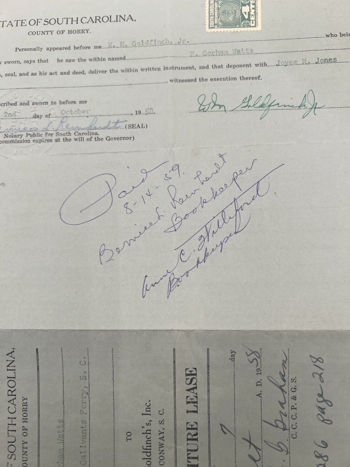 1958 Horry County SC Furniture Lease Box Heater Goldfinch Watts Paid # 1148 photo 11