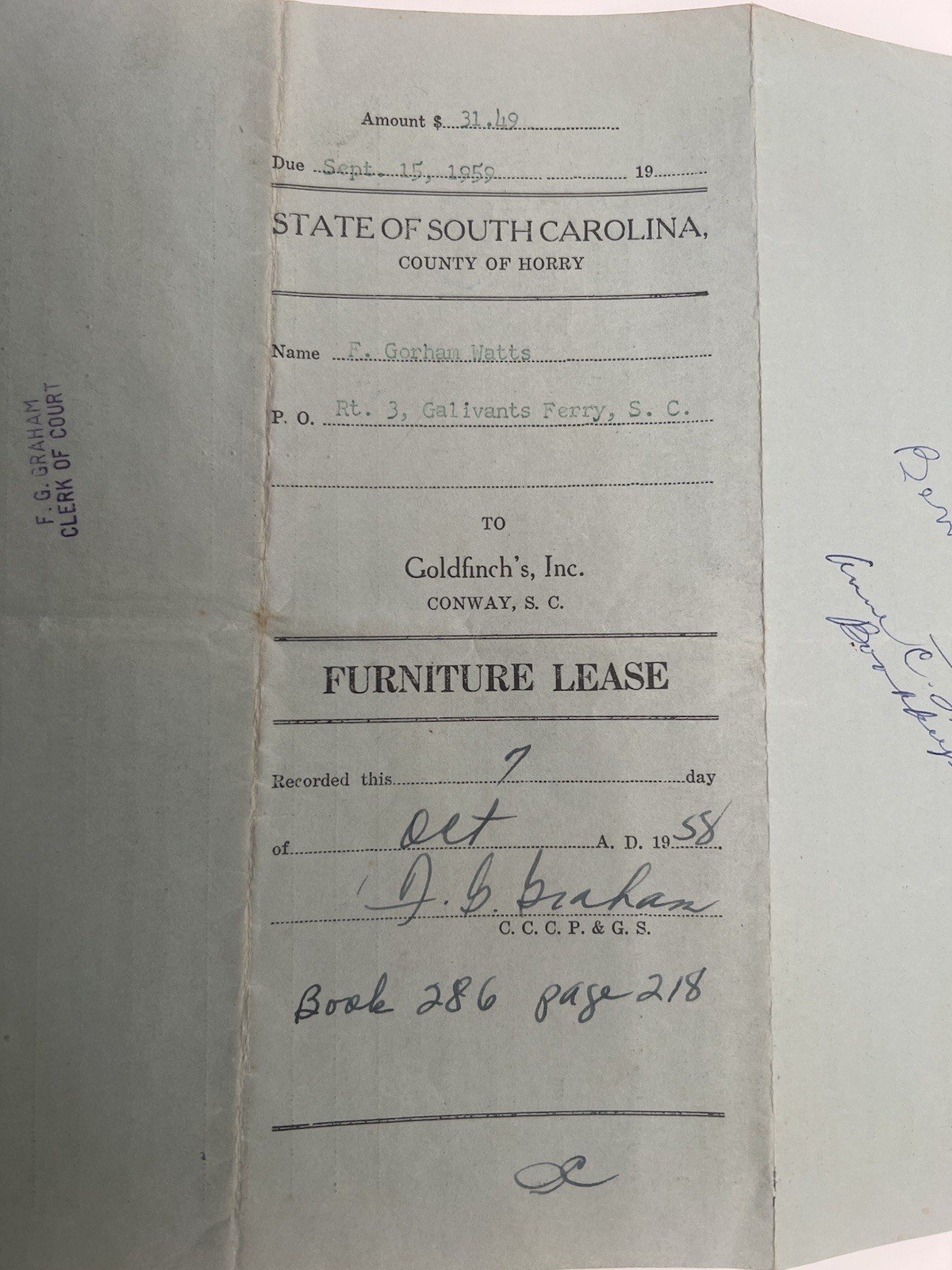 1958 Horry County SC Furniture Lease Box Heater Goldfinch Watts Paid # 1148 photo 12
