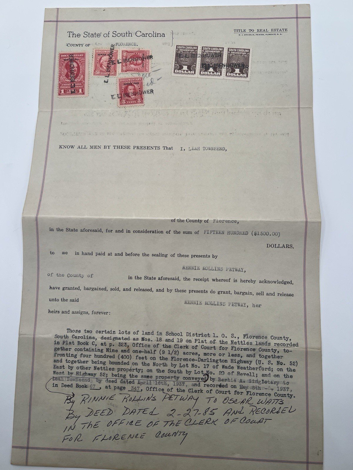 1942 Florence County SC Real Estate Deed Leah Townsend Petway Stamps # 1149