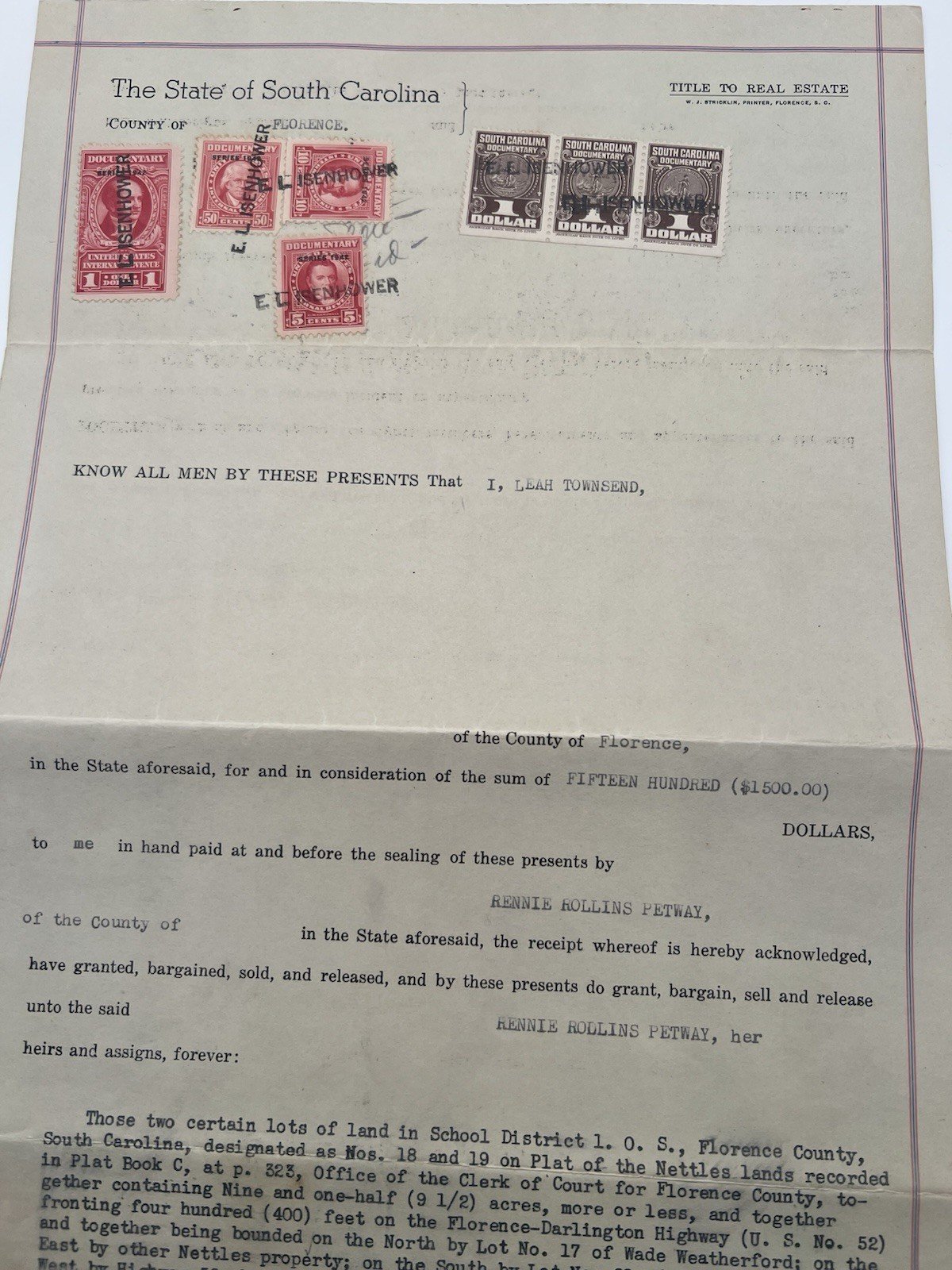 1942 Florence County SC Real Estate Deed Leah Townsend Petway Stamps # 1149 photo 2