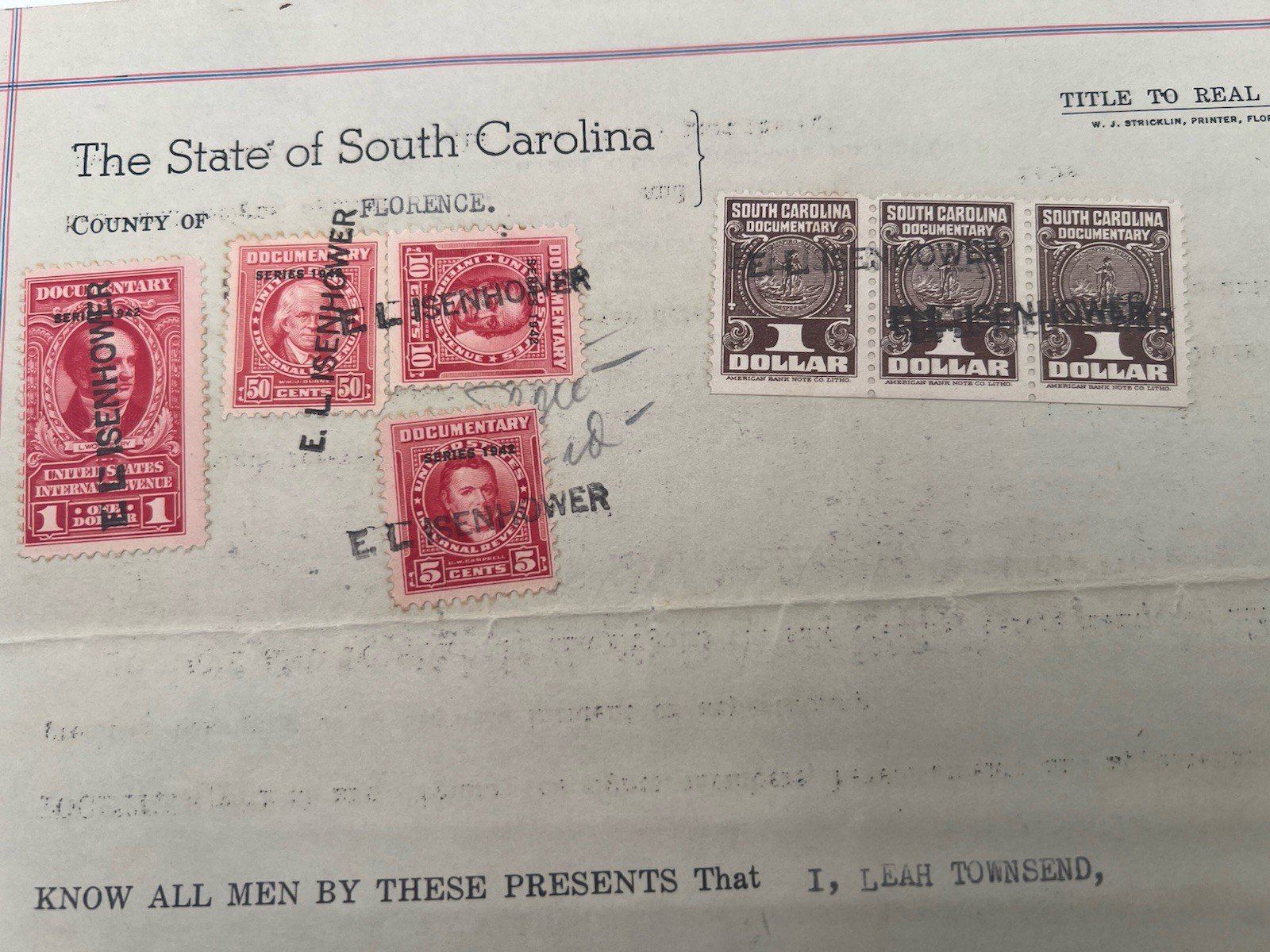 1942 Florence County SC Real Estate Deed Leah Townsend Petway Stamps # 1149 photo 4
