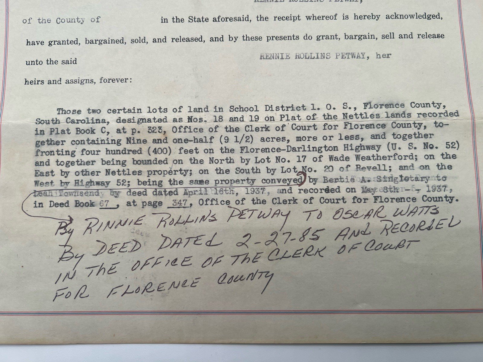 1942 Florence County SC Real Estate Deed Leah Townsend Petway Stamps # 1149 photo 5