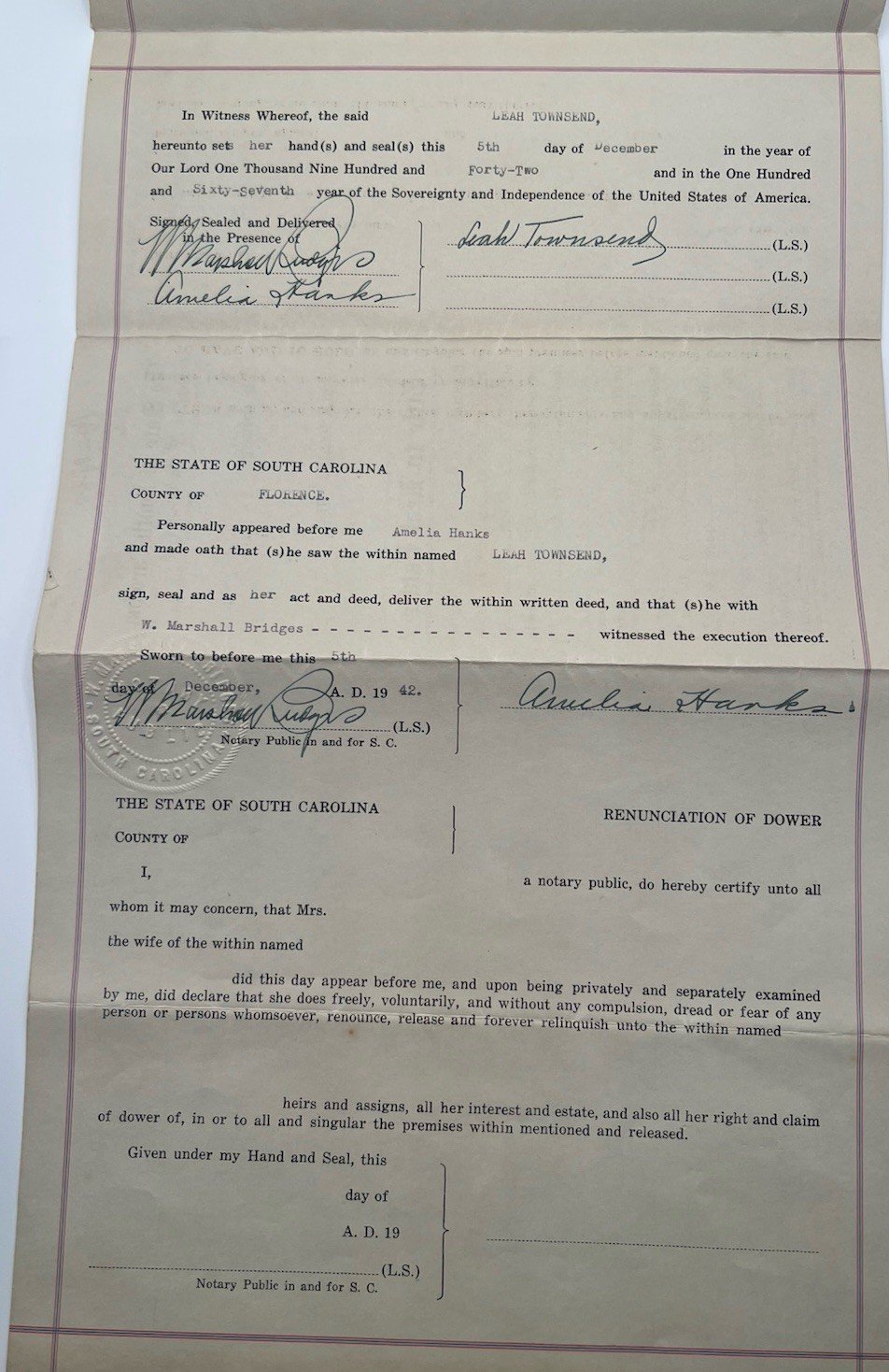 1942 Florence County SC Real Estate Deed Leah Townsend Petway Stamps # 1149 photo 8