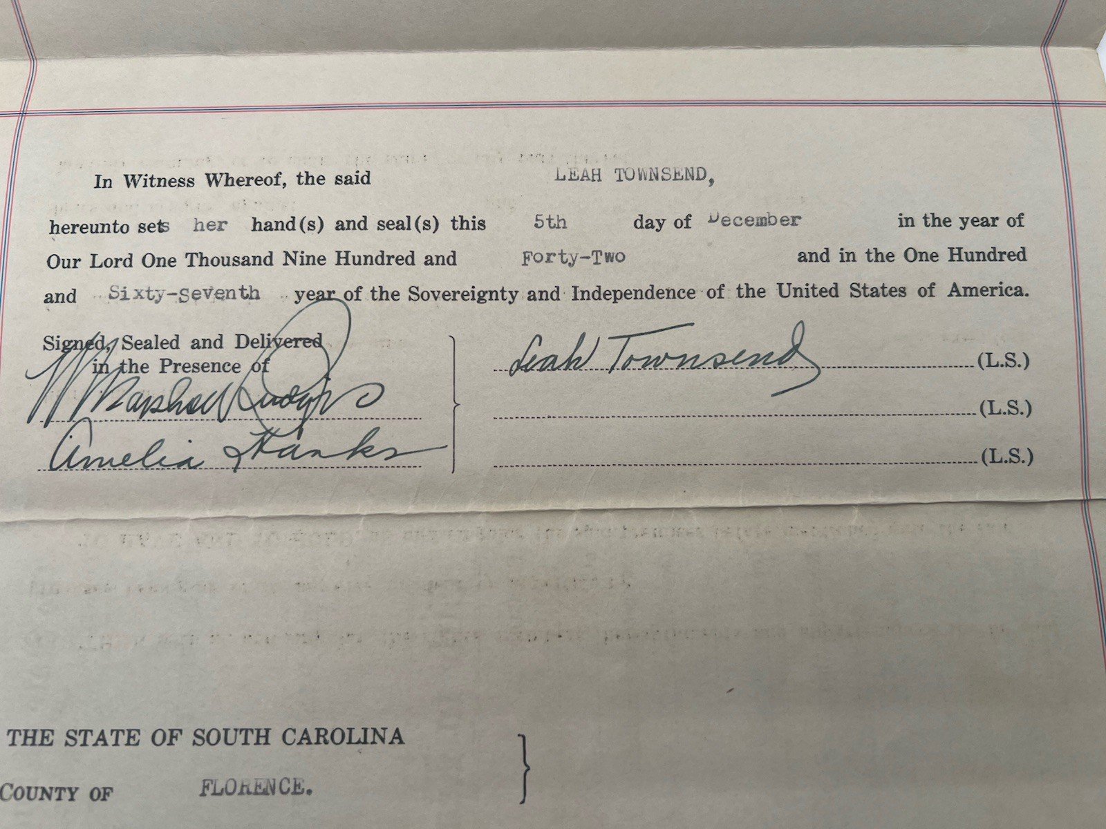 1942 Florence County SC Real Estate Deed Leah Townsend Petway Stamps # 1149 photo 9