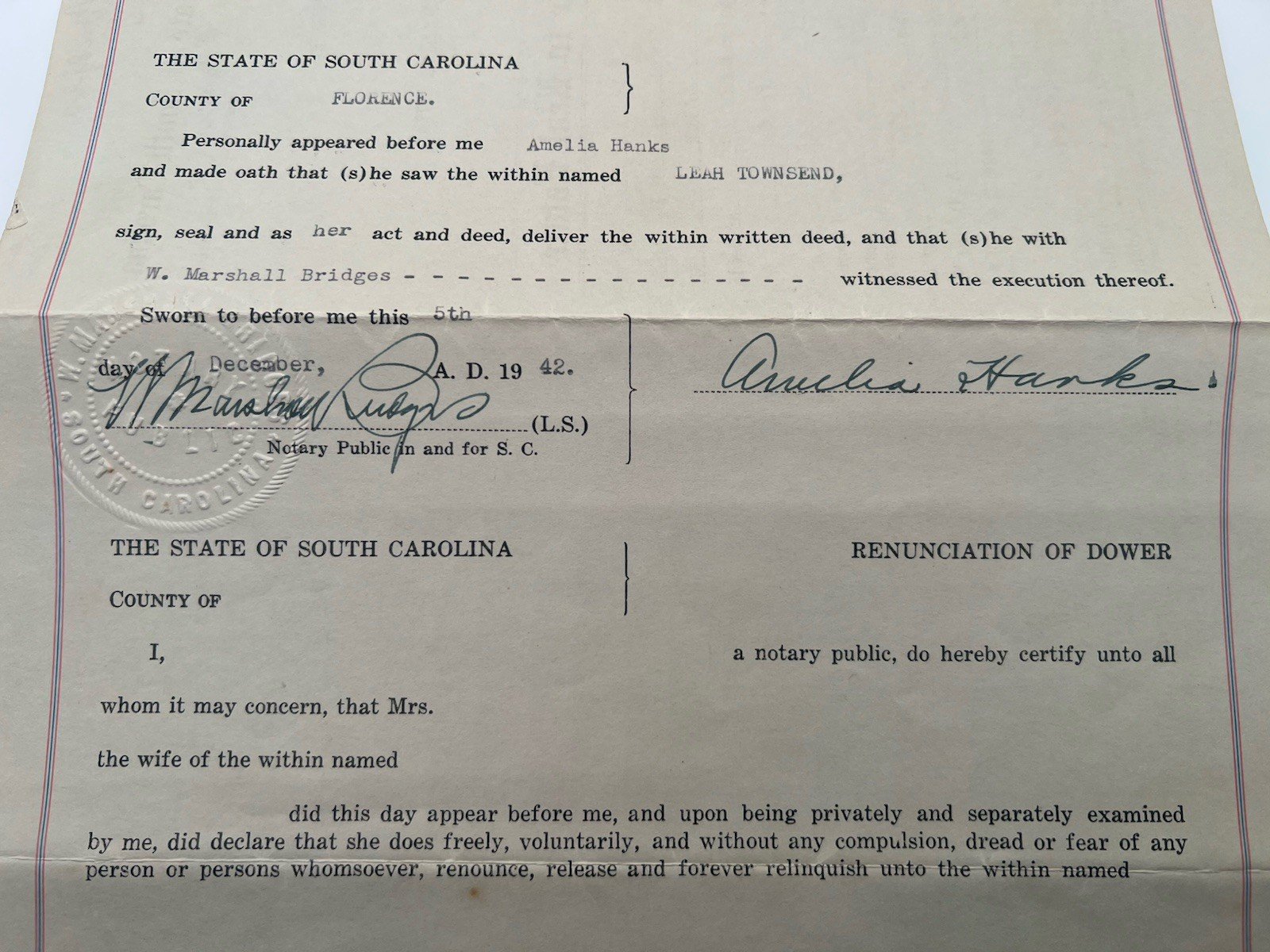 1942 Florence County SC Real Estate Deed Leah Townsend Petway Stamps # 1149 photo 10