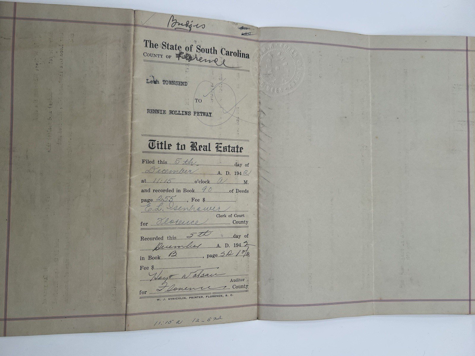 1942 Florence County SC Real Estate Deed Leah Townsend Petway Stamps # 1149 photo 12