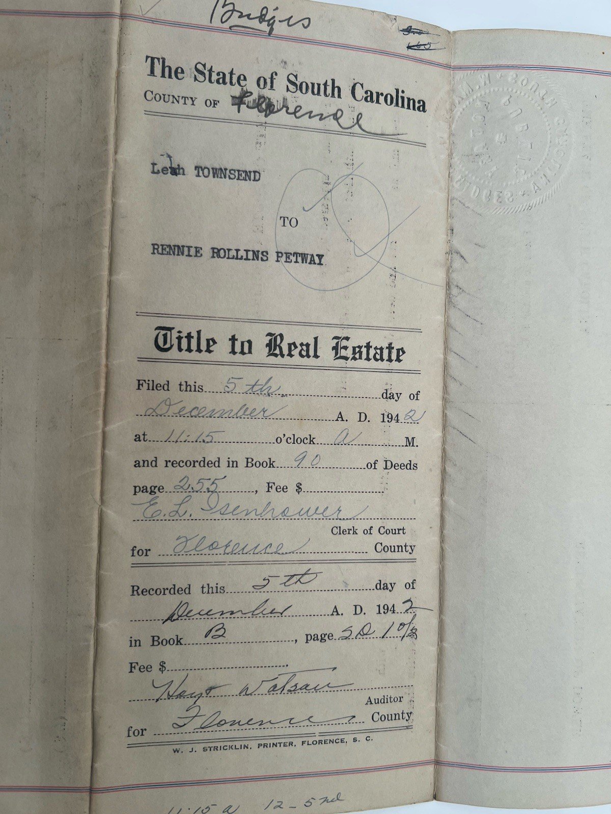 1942 Florence County SC Real Estate Deed Leah Townsend Petway Stamps # 1149 photo 13