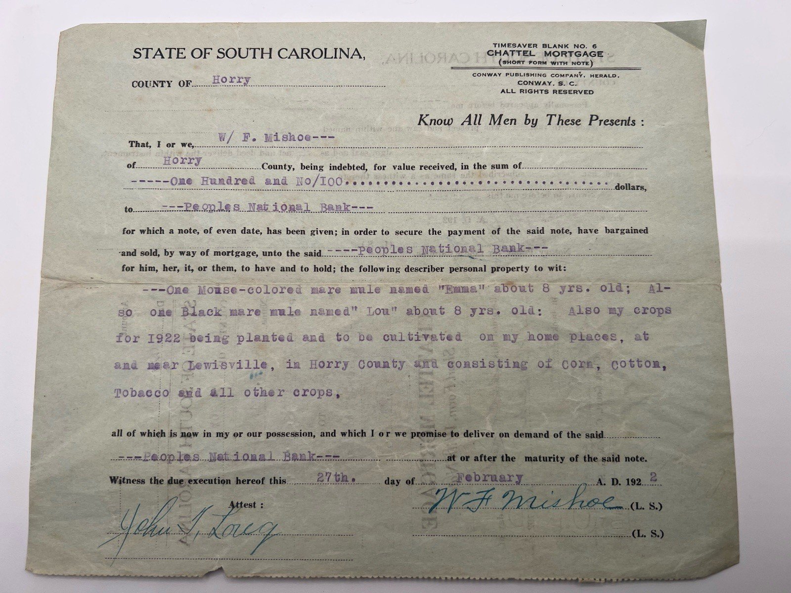 1922 Horry County SC Chattel Mortgage W.F. Mishoe 2 Mules Crops # 1150